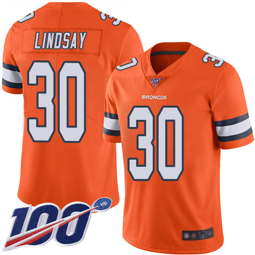 Men Denver Broncos #30 Phillip Lindsay Limited Orange Rush Vapor Untouchable 100th Season Football NFL Jersey